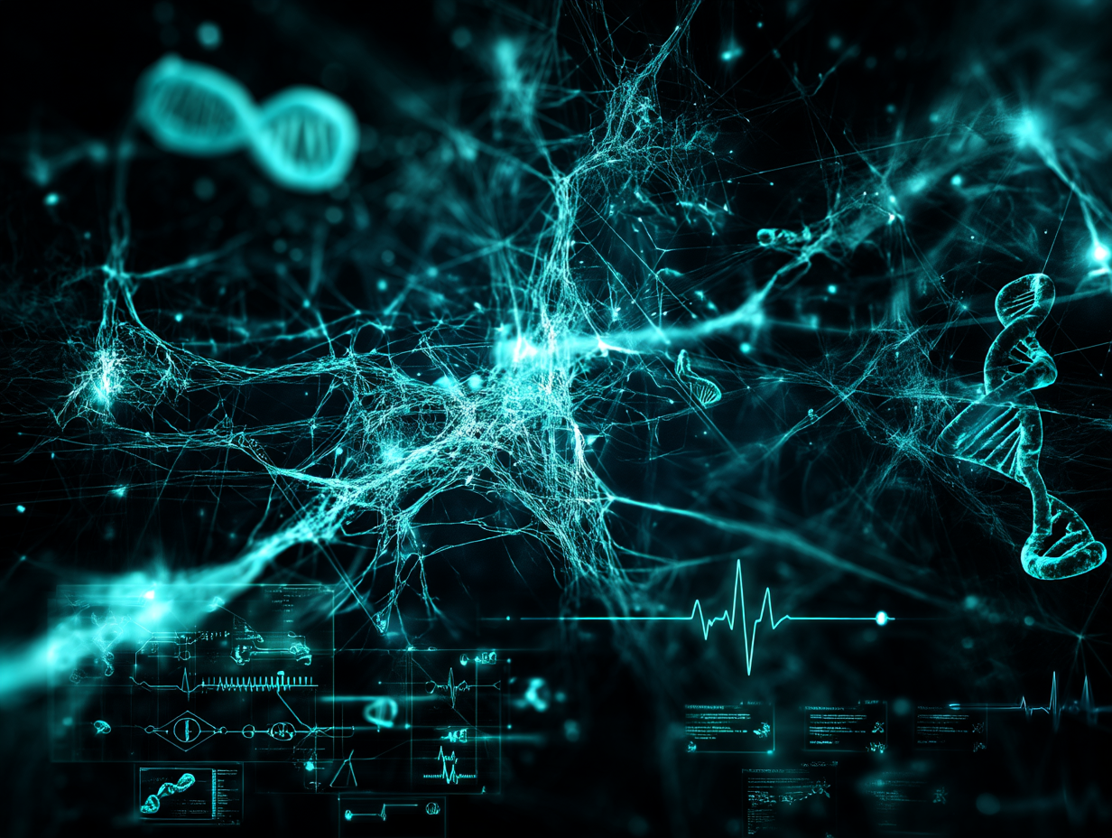 Abstrakt visualisering af AI-algoritmer under valideringsproces i et reguleret life science miljø med fokus på datasikkerhed og compliance.